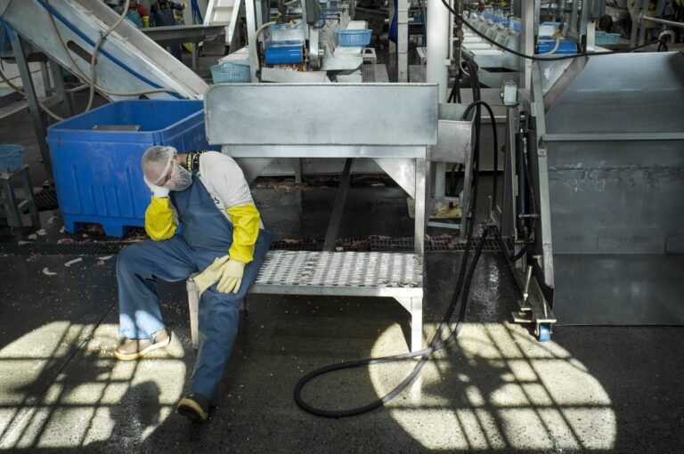 Tired worker in the fish factory