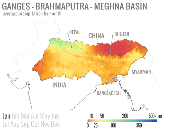 Iako se bazen Gang-Bramaputra-Megna smatra bogatim vodom, vremenska i geografska raspodela padavina veoma varira.