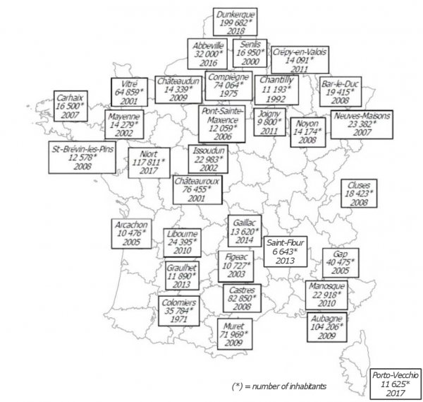 Francuski gradovi koji su uveli ili planiraju uvođenje besplatnog javnog prevoza 2016. godine; Izvor: CGTPAG 2016
