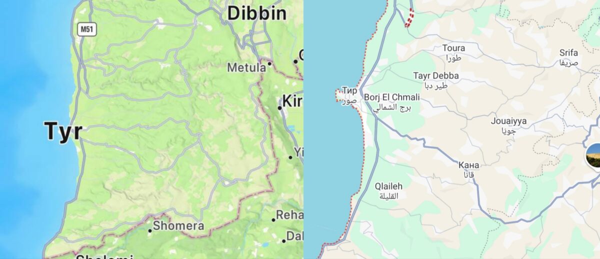 Razlika između Apple i Google mapa, jug Libana; Foto: Snimak ekrana.